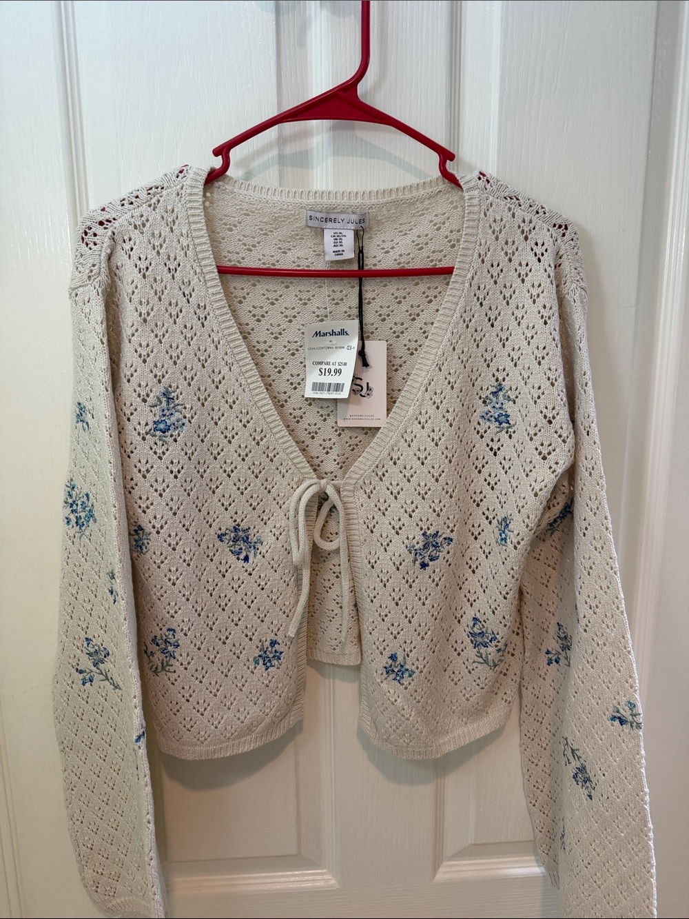 Sincerly Jules Cream Open-Knit Tie-Front Cardigan with Blue Floral Embroidery